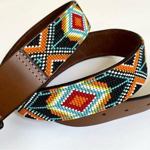 Sambboho Southwest Beaded Leather Belt Made in Brazil Tribal Aztec